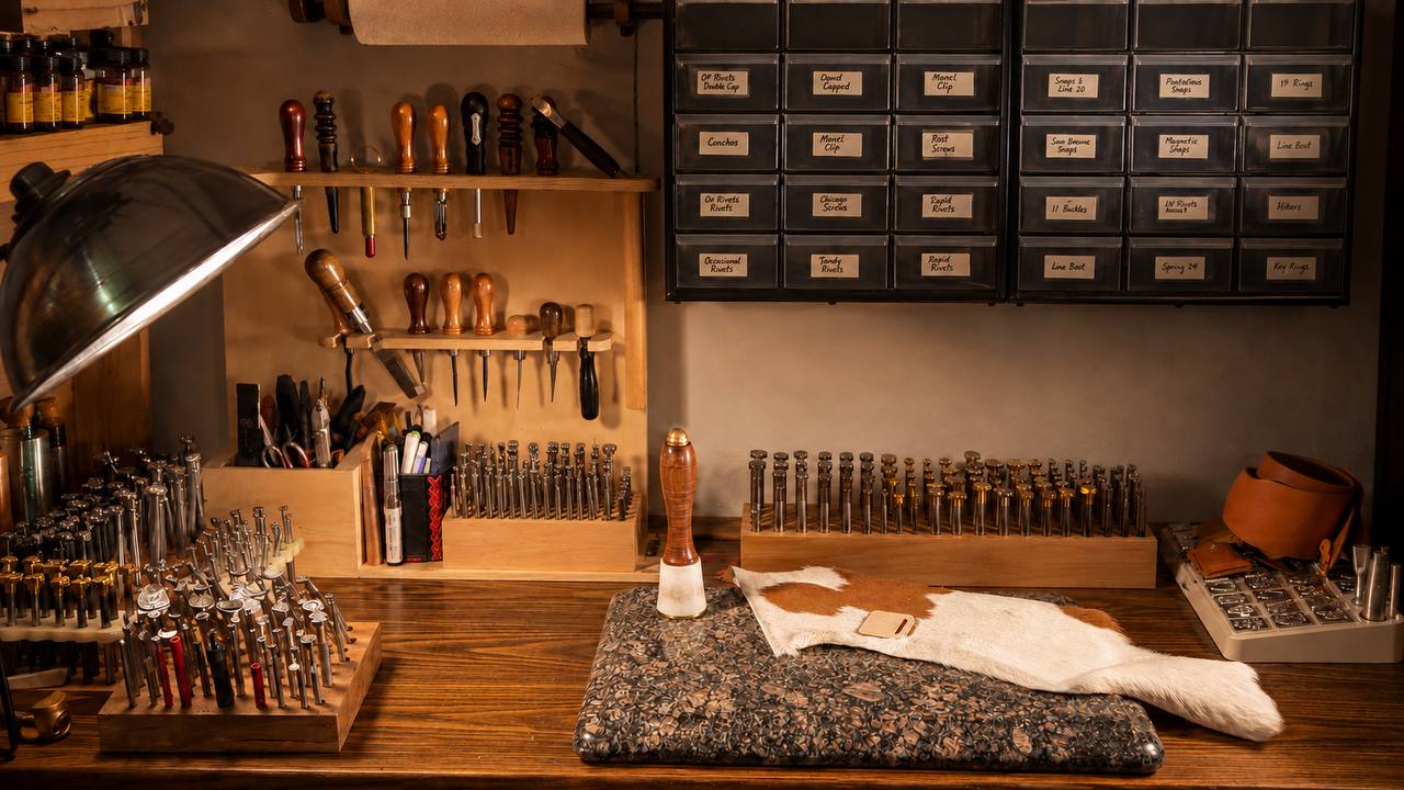 Leather workbench with handmade leatherwork in progress