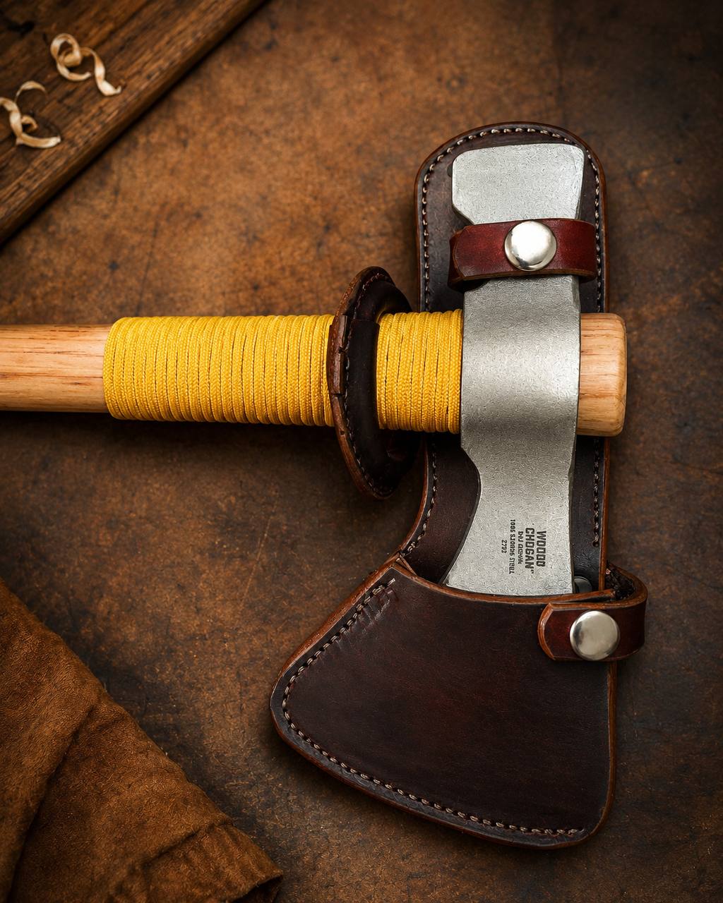 Leather axe sheath and field gear.