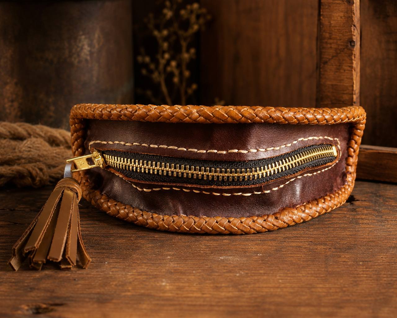 Zipper side of a half moon basketweave leather wallet.