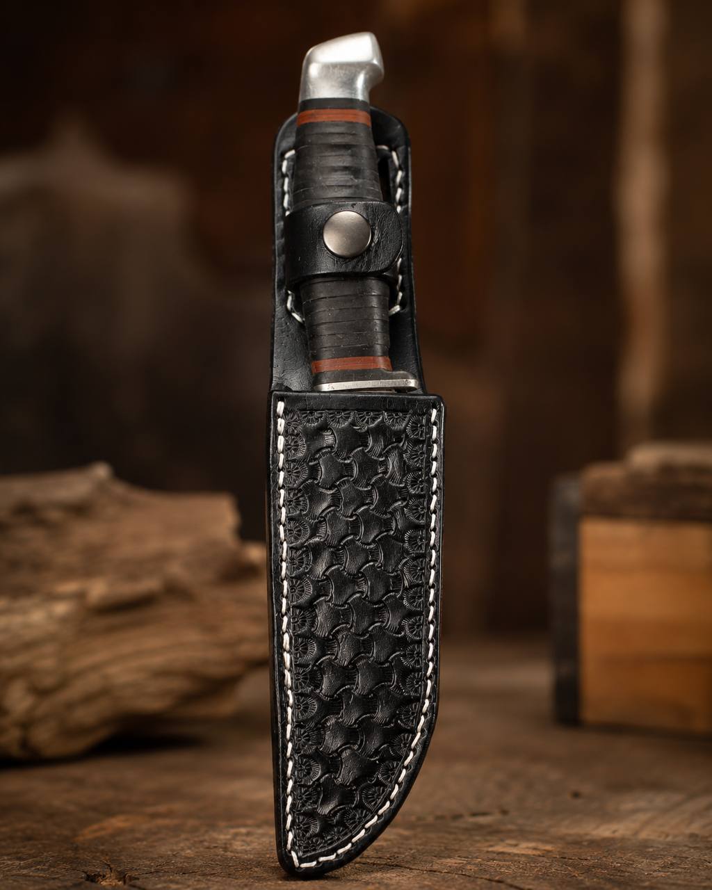 Black basketweave leather knife sheath.