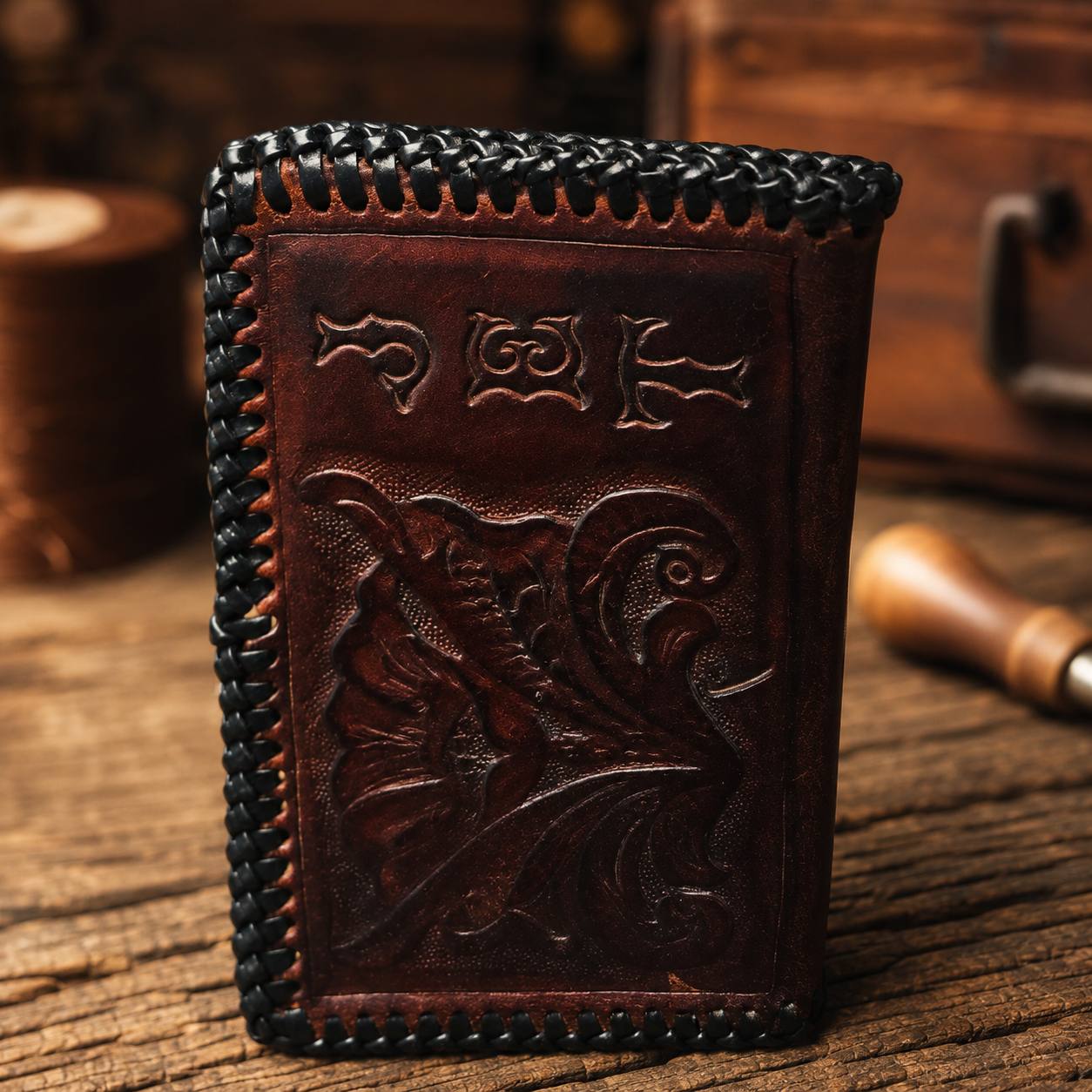 Dark tooled leather wallet with black lacing.