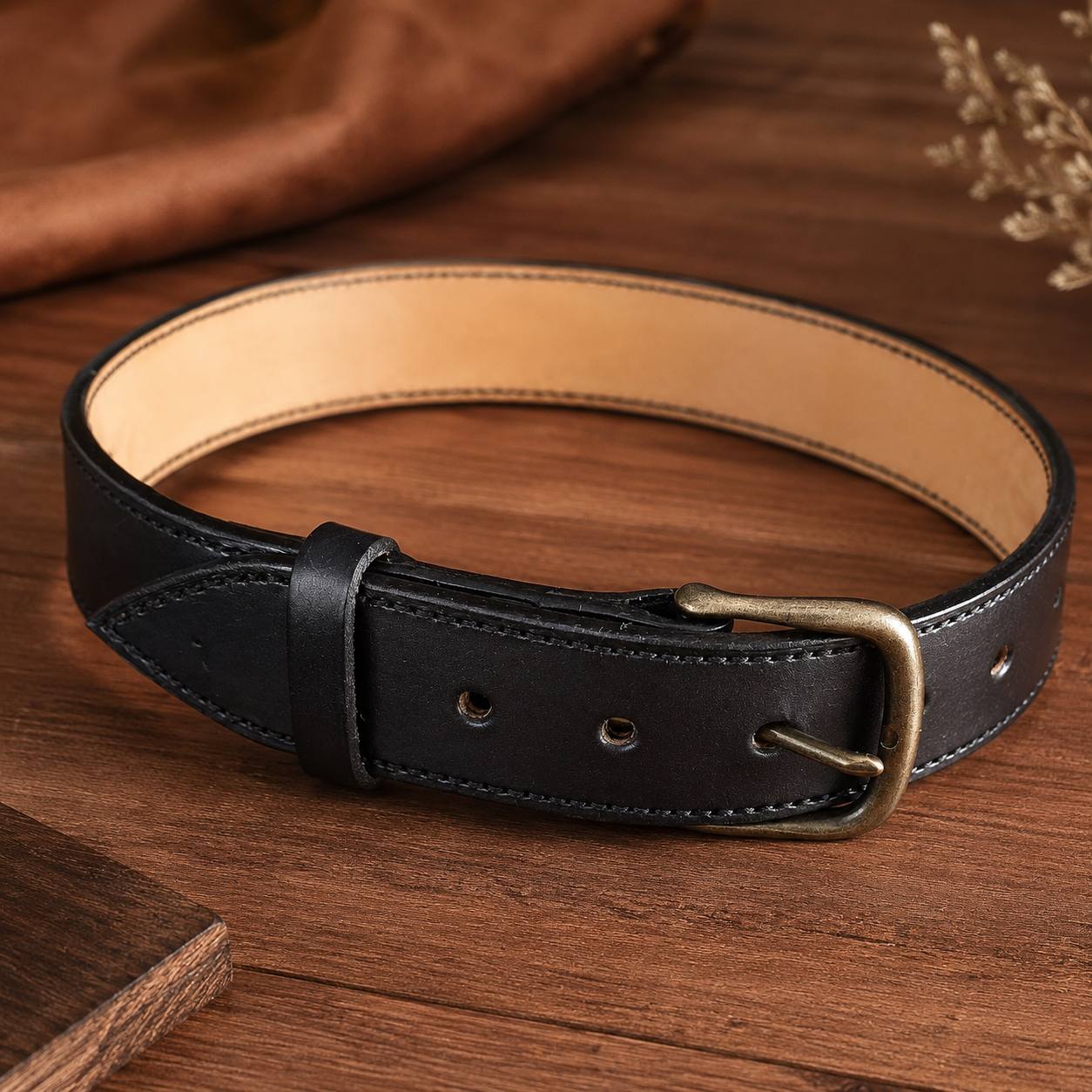Black leather belt with brass buckle on a wood table.