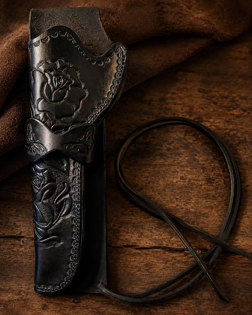 Black tooled leather holster with rose detail.
