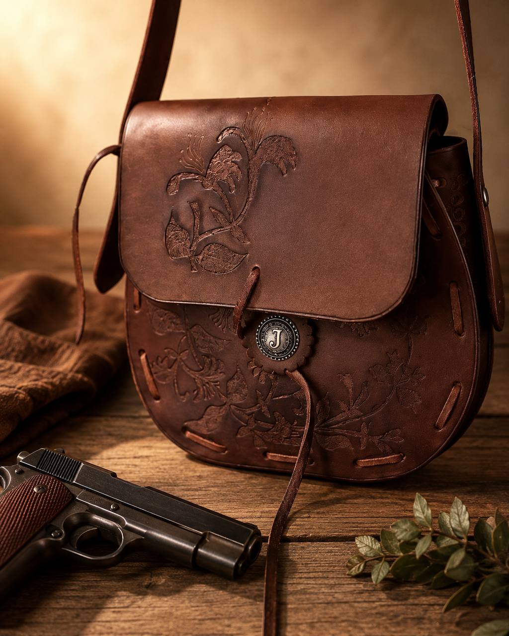 Brown floral tooled leather crossbody bag.