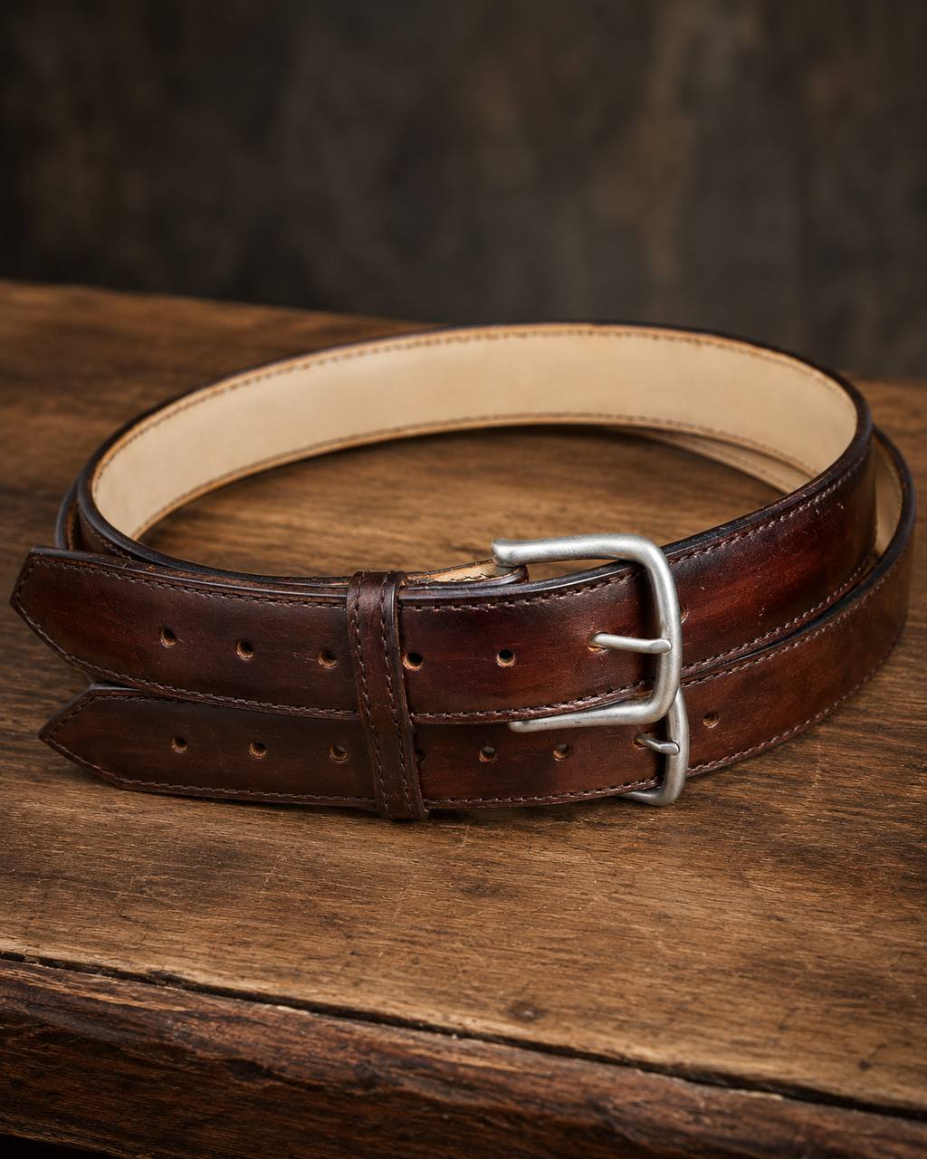 Brown leather belt with silver buckle on a wood table.