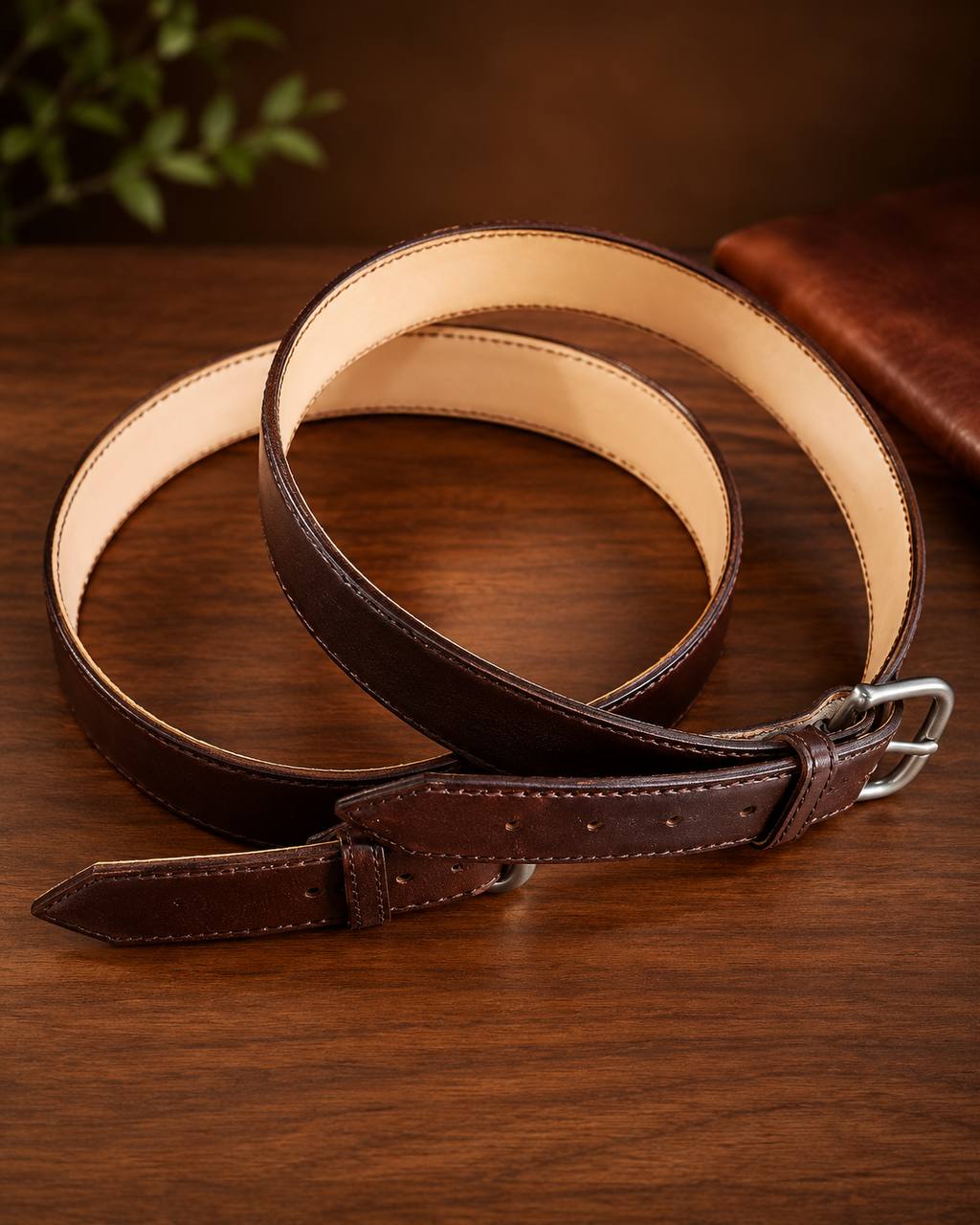 Brown leather belt coiled on a wood table.