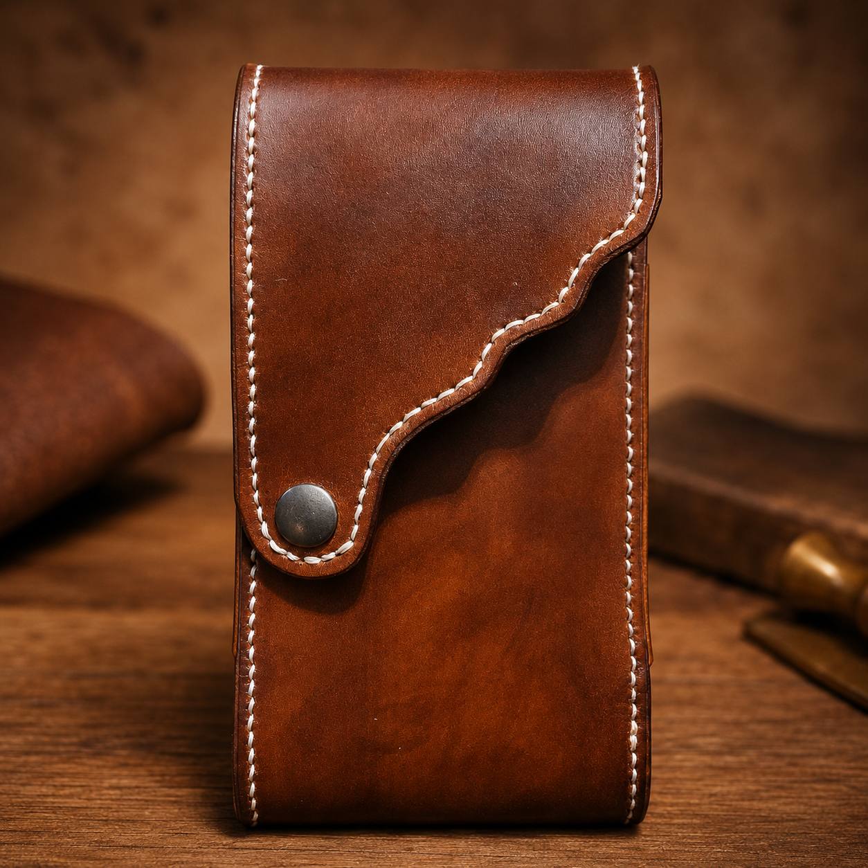 Brown leather phone case with snap flap.
