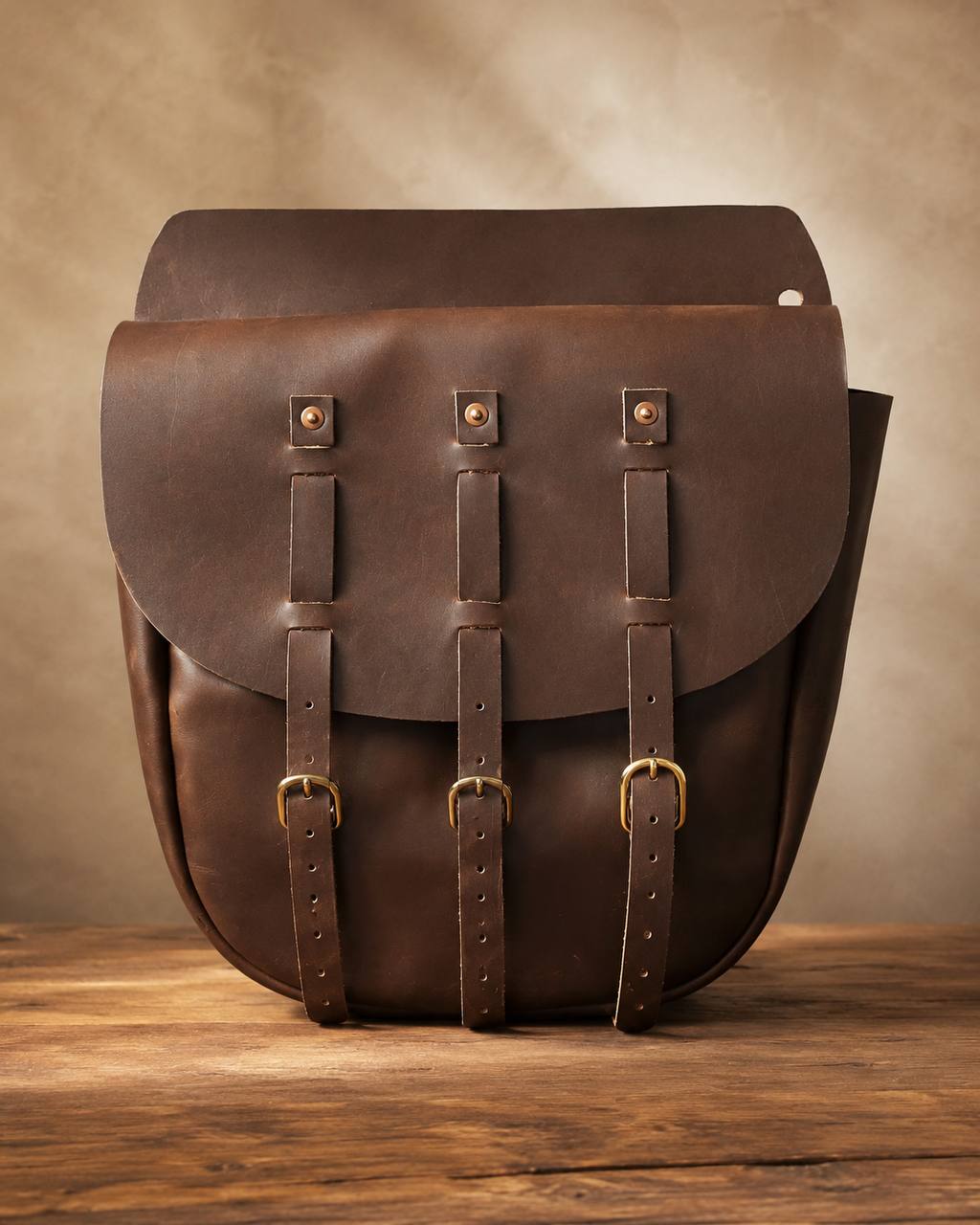 Brown leather saddle bag with three buckle straps.