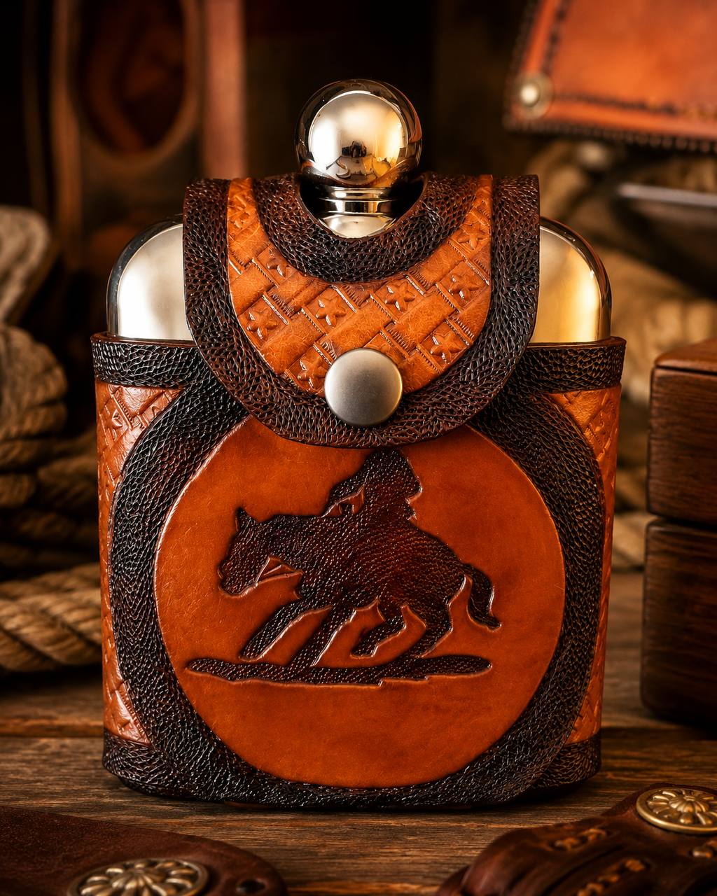 Leather flask holder with bull rider design.