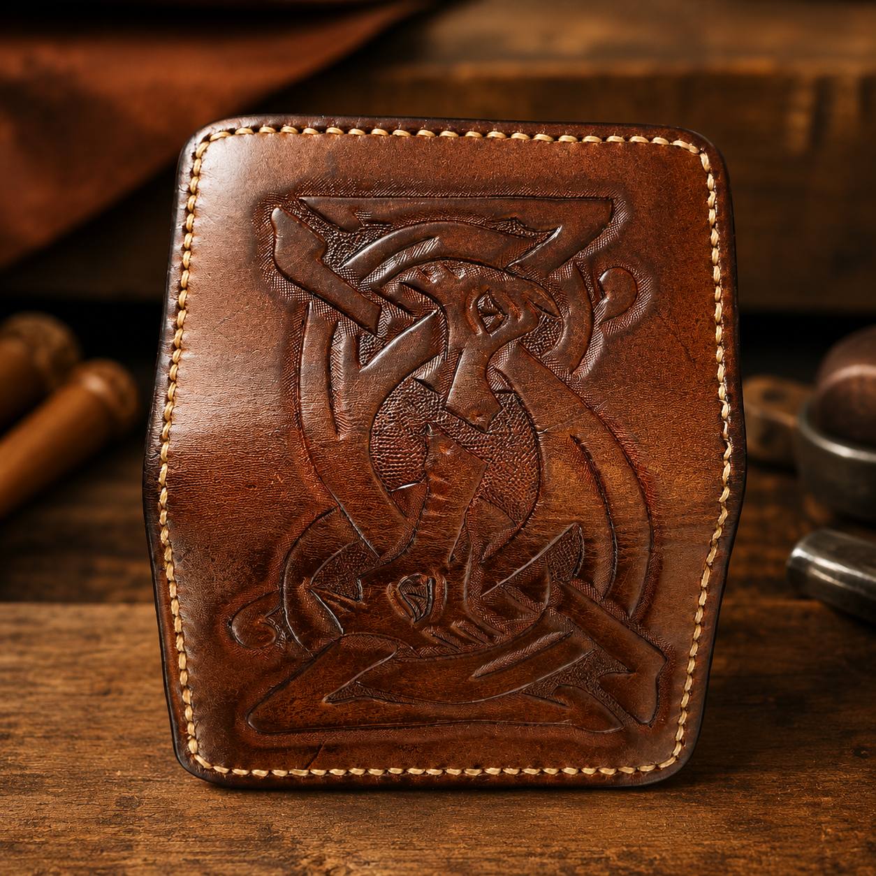 Brown leather cover with Celtic tooling.
