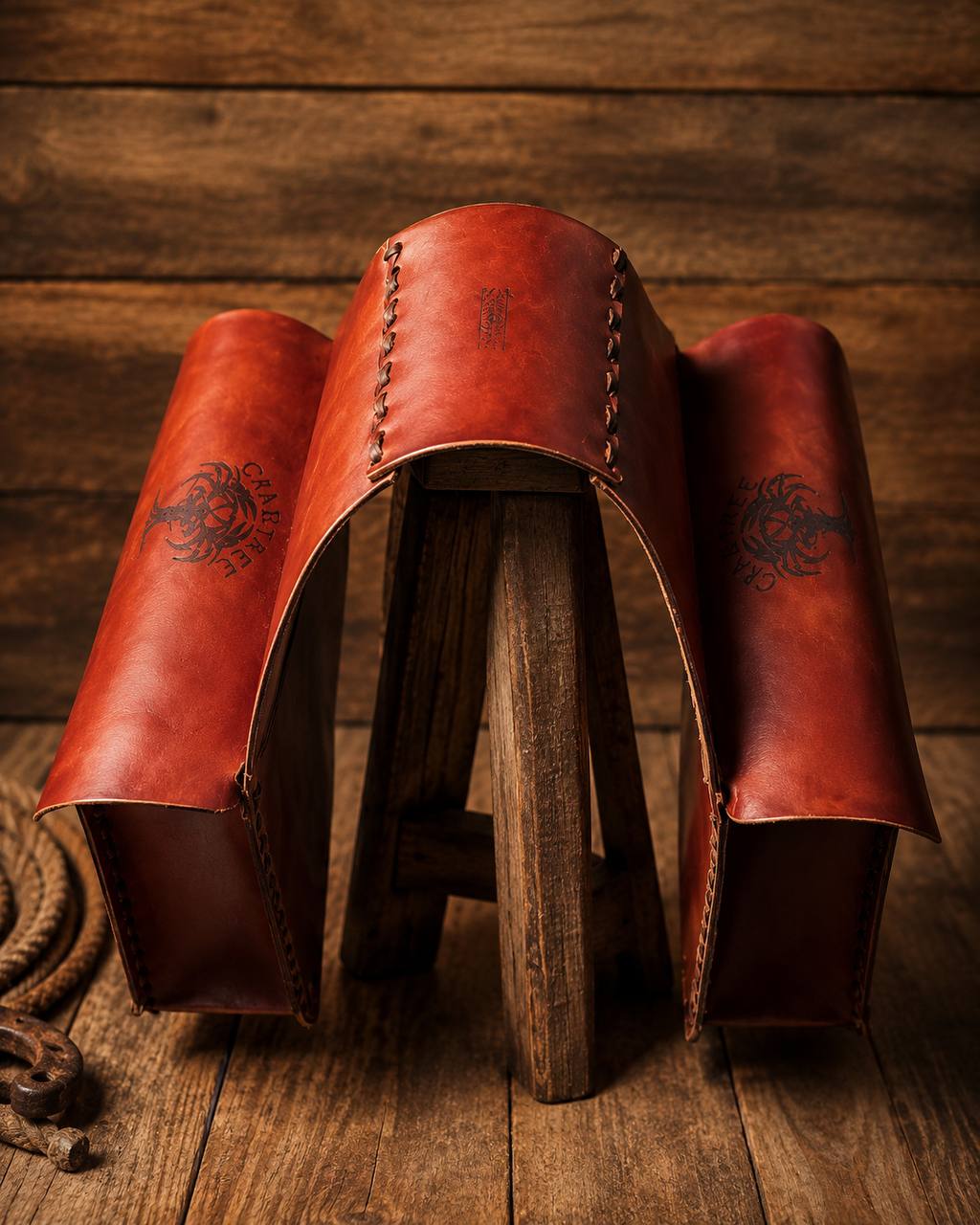 Pair of brown Crabtree Ranch leather saddle bags.