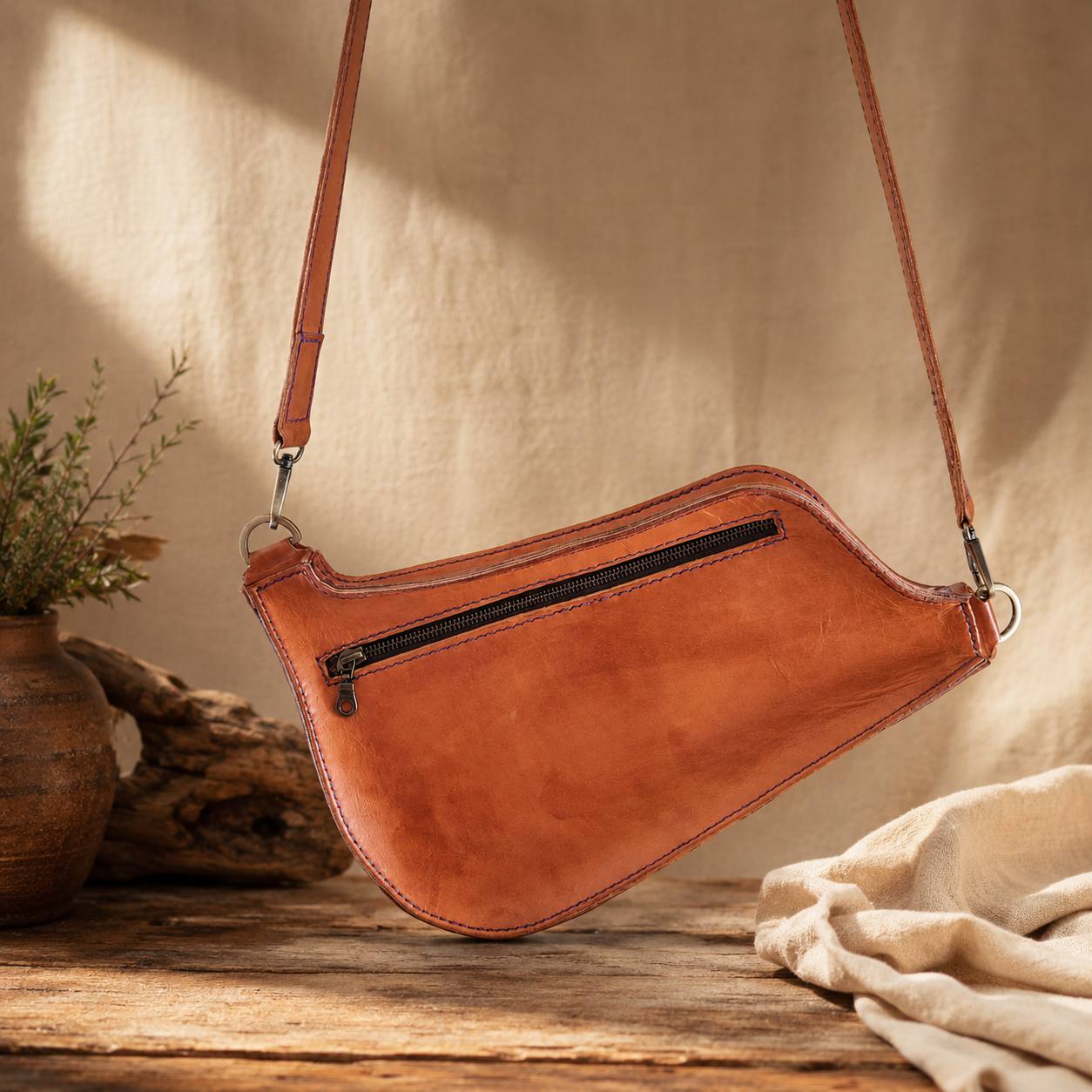 Crescent shaped brown leather crossbody bag.