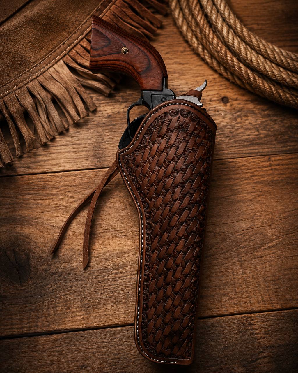 Dark basketweave leather revolver holster.