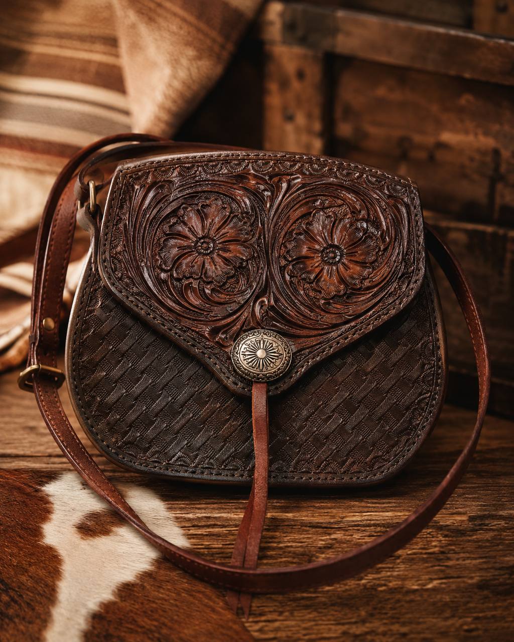 Dark tooled floral leather crossbody bag.
