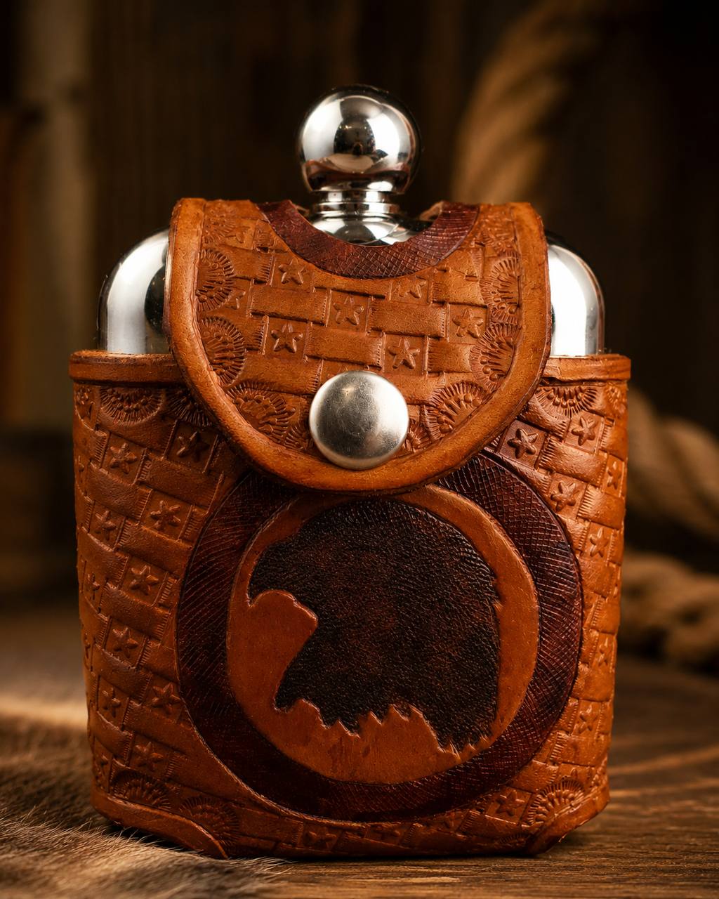Leather flask holder with eagle design.
