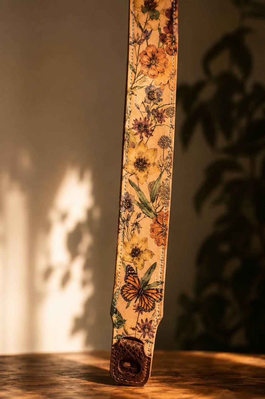Floral butterfly leather guitar strap.