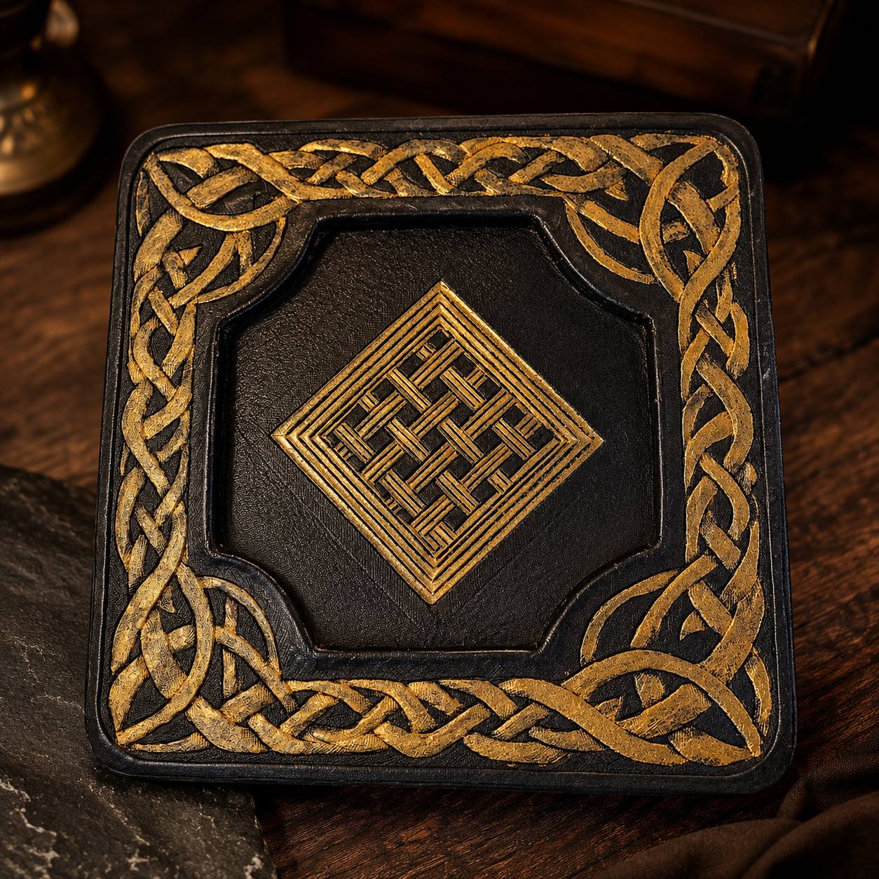 Black and gold Celtic tooled leather panel.