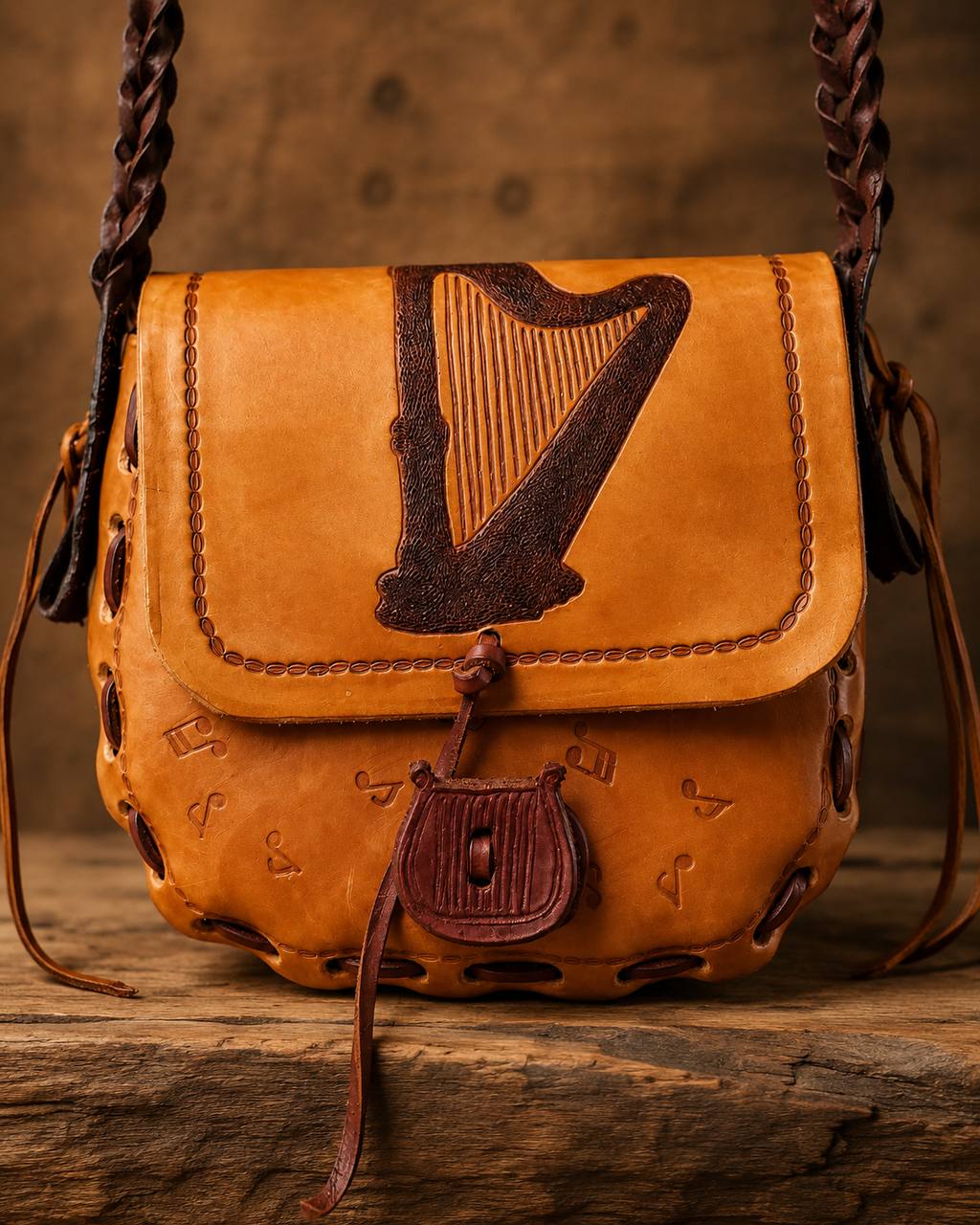 Front view of a harp tooled leather satchel.
