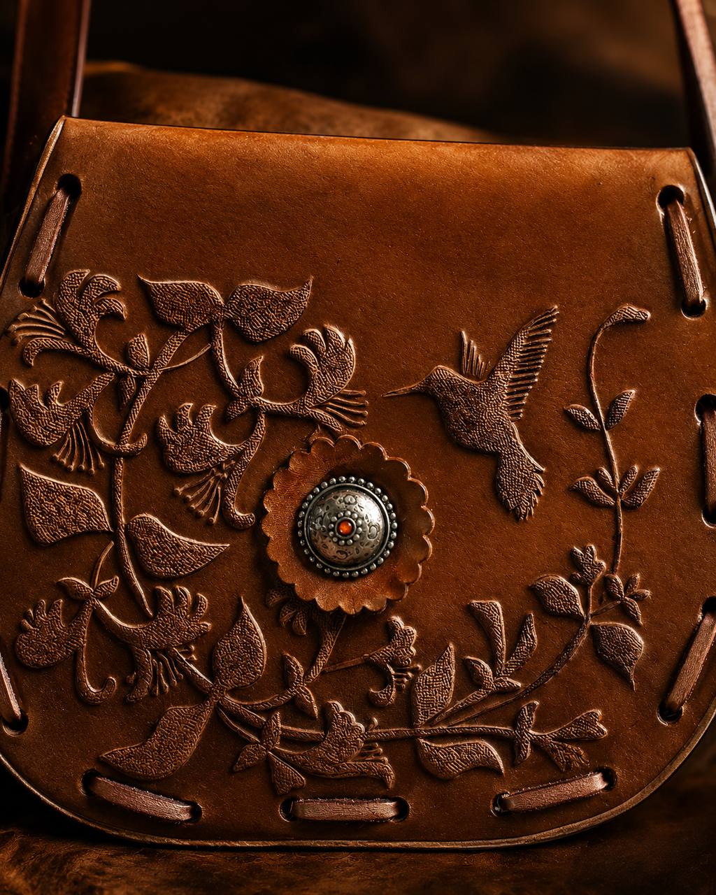 Close-up of hummingbird tooling on a leather bag.