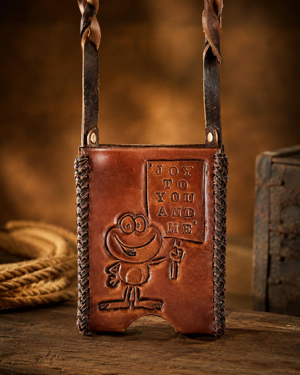 Brown tooled leather shoulder pouch with carved lettering.