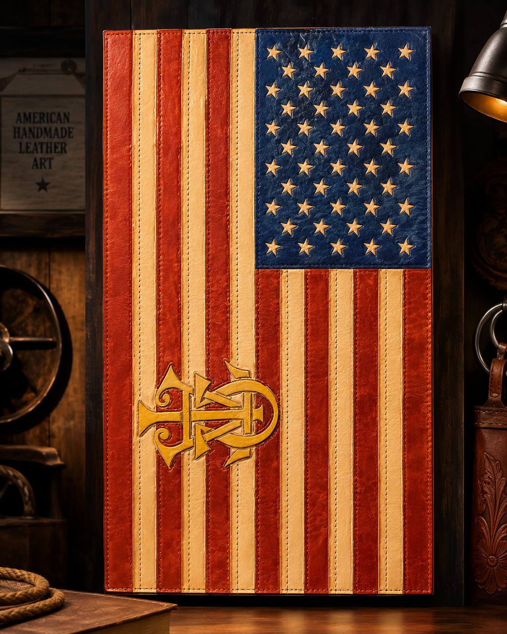 Leather American flag panel with handmade leather art lettering.