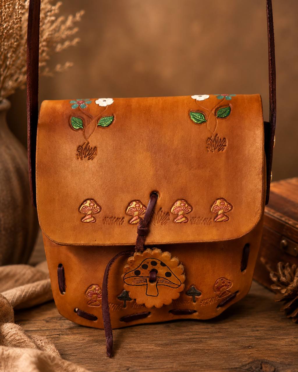 Small leather shoulder pouch with mushroom tooling.