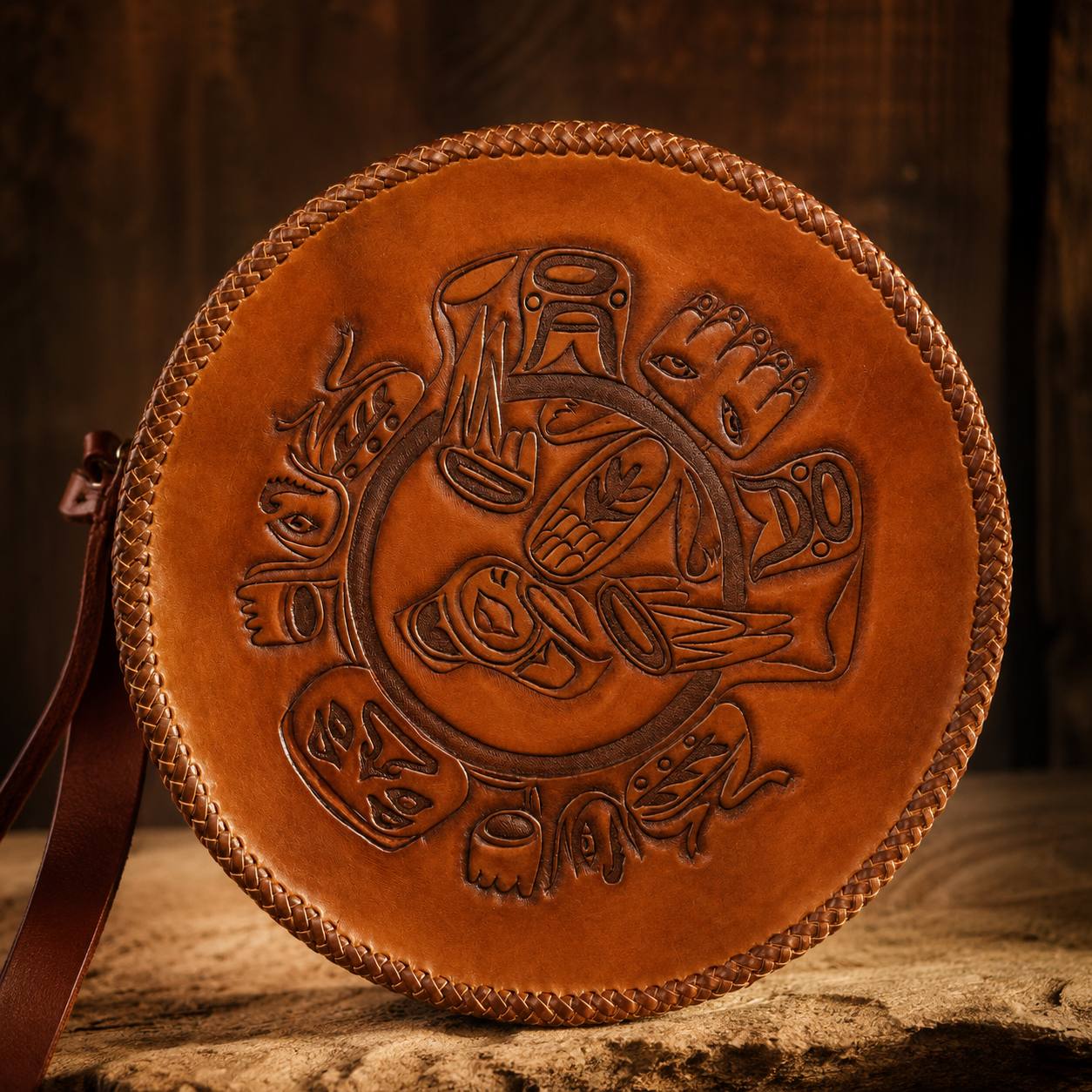 Back view of a round tooled leather purse.