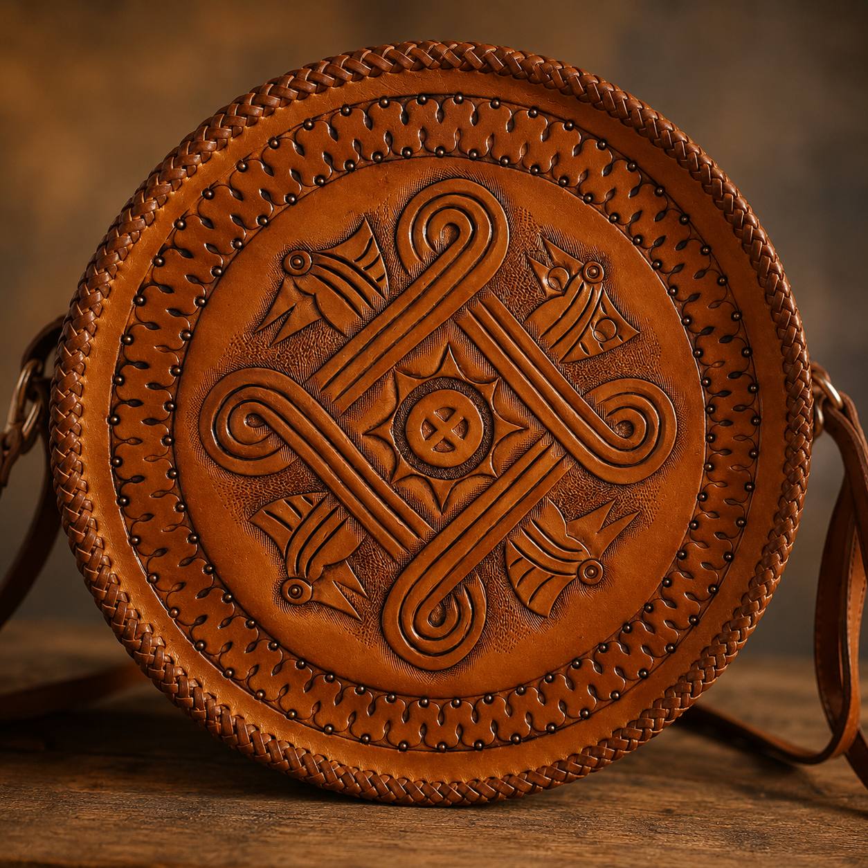 Front view of a round tooled leather purse.