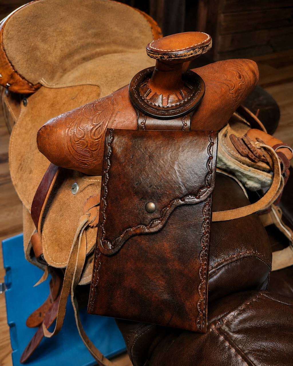 Brown saddle style custom leather piece.