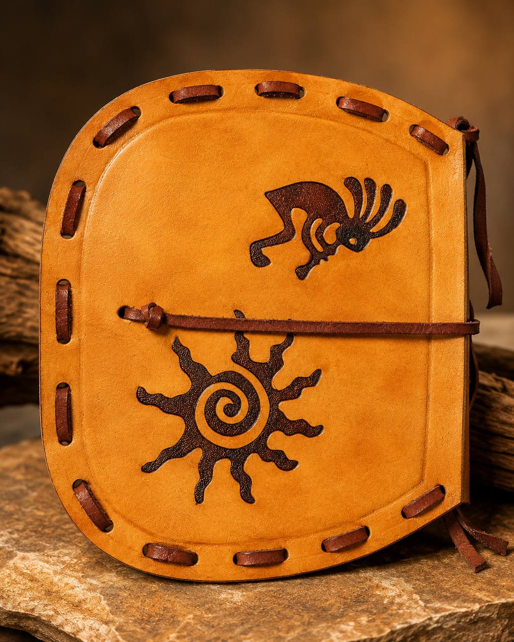 Back view of a round southwest tooled leather purse.