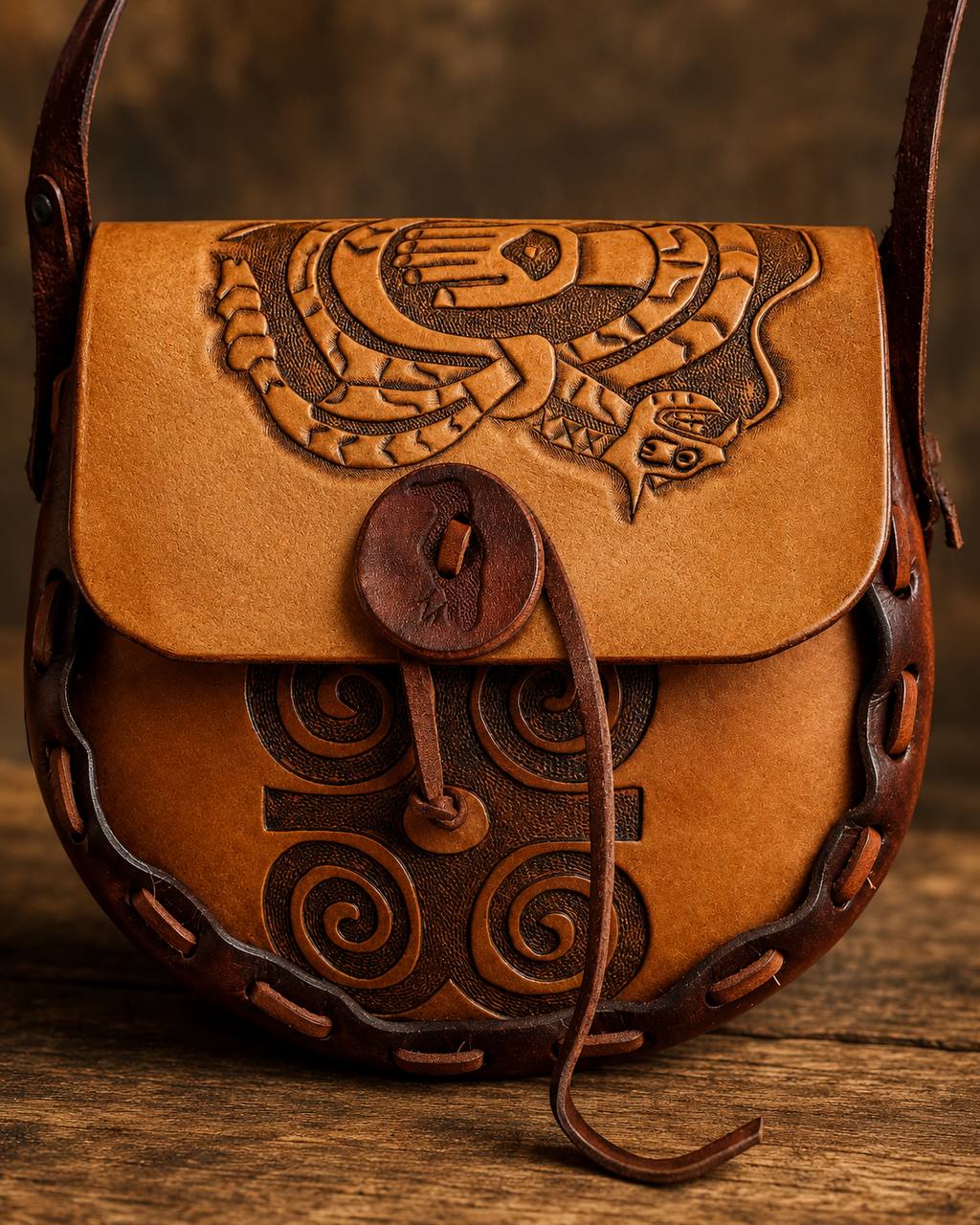 Close-up of the flap on a southwest tooled leather purse.