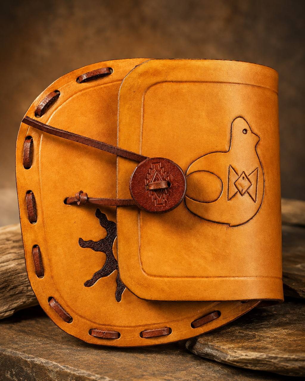 Front view of a round southwest tooled leather purse.