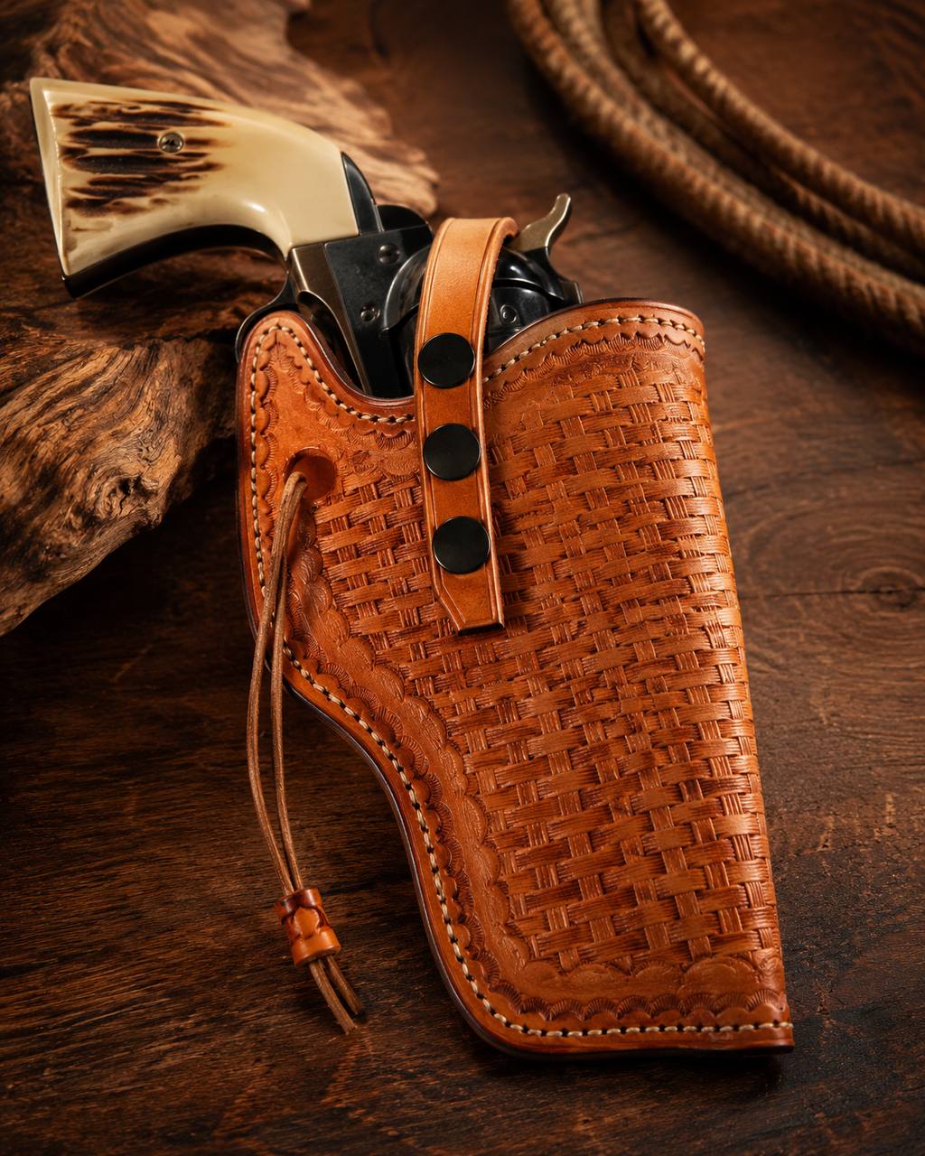 Tan basketweave leather revolver holster.