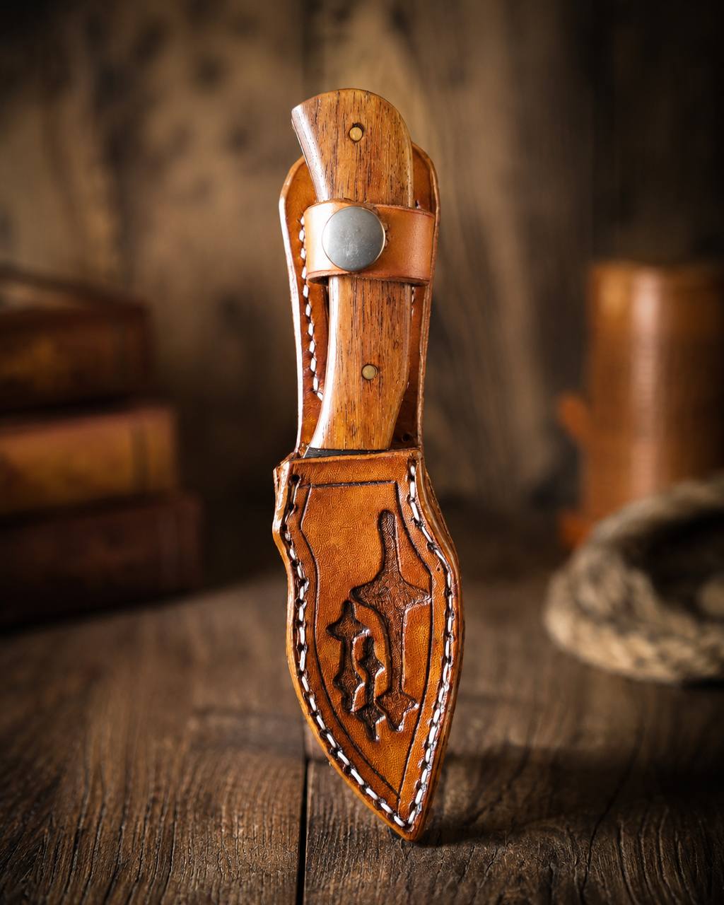 Tan tooled leather knife sheath.
