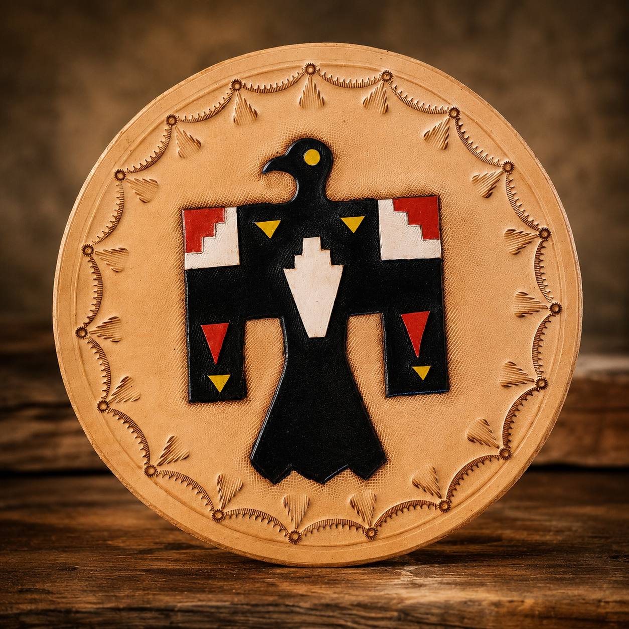 Round leather panel with thunderbird design.