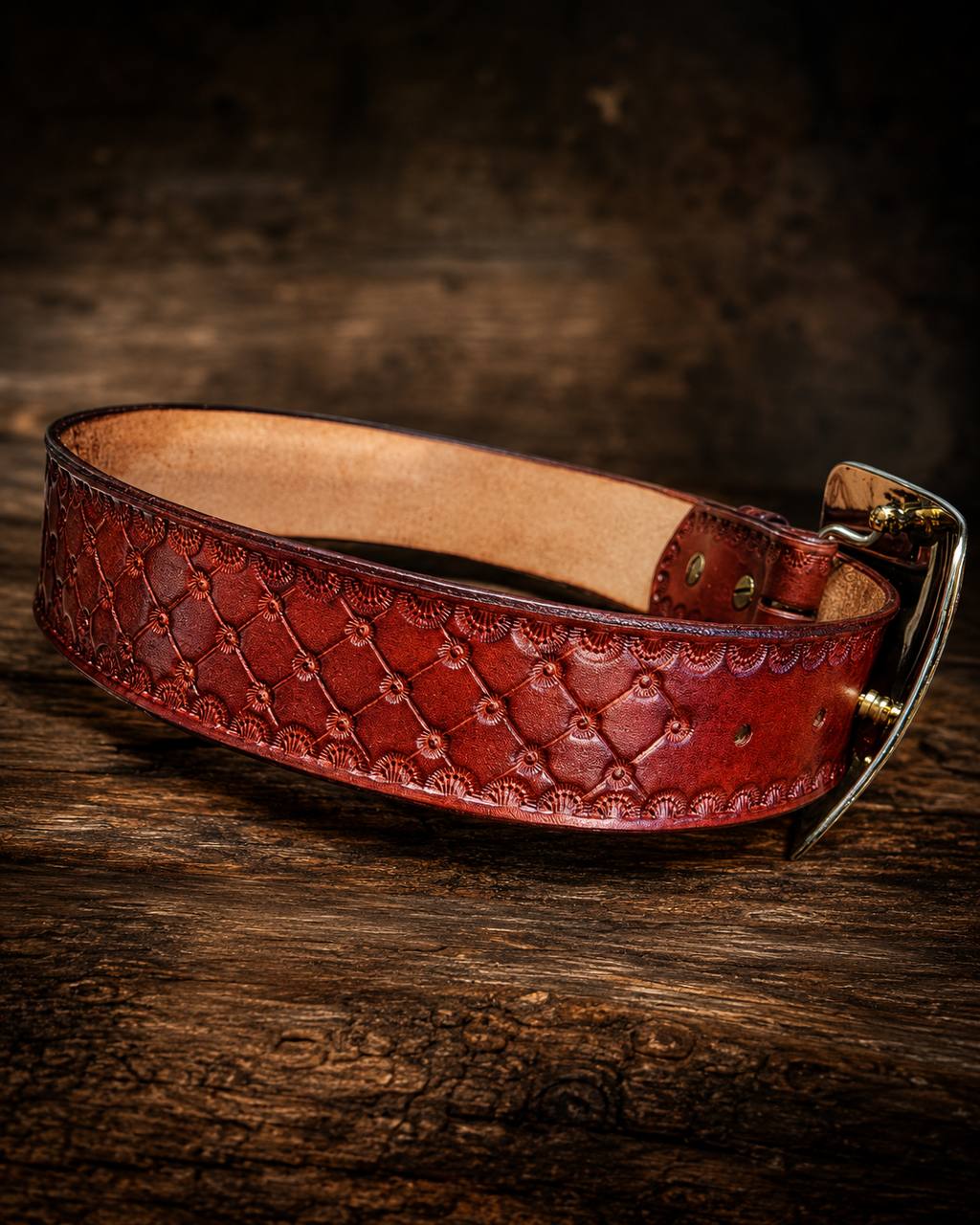 Tooled brown leather belt with metal buckle on a wood table.