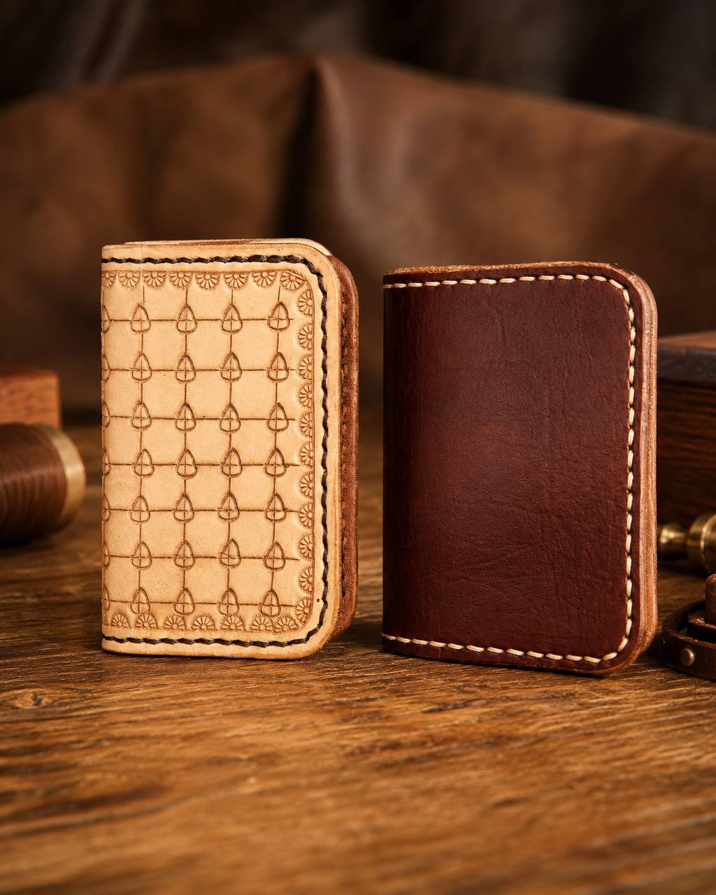 Two tone leather wallet pair.